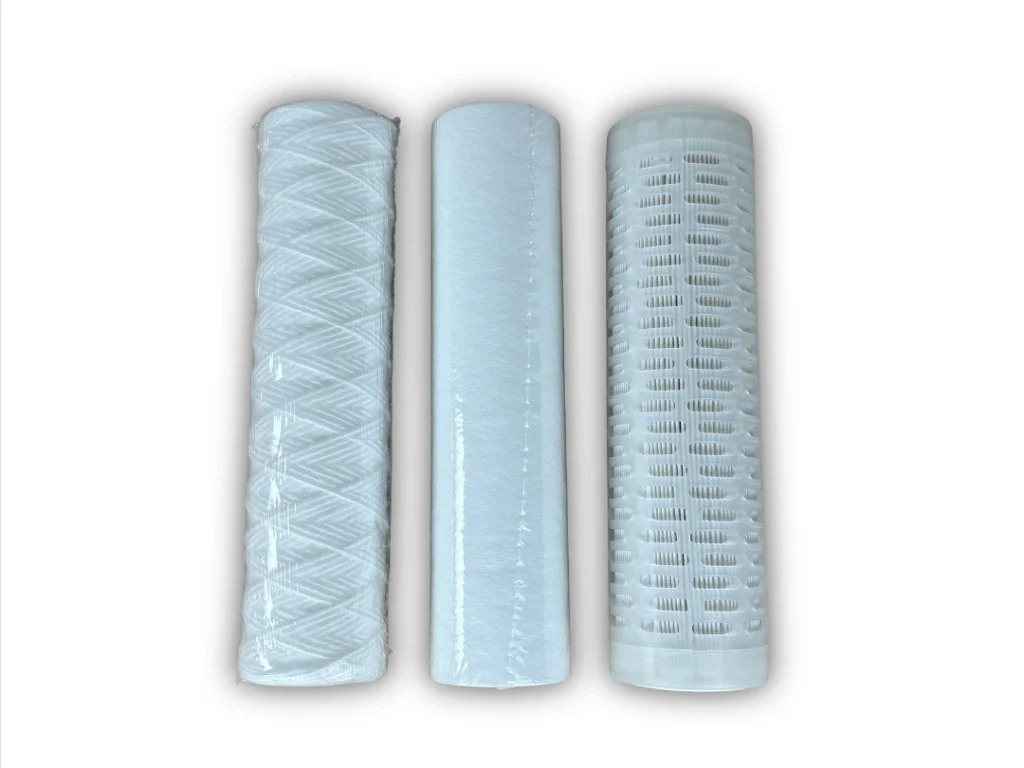 Picture of different types sediment filter cartridges used in boats desalinators.