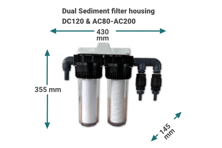Dual Sediment filter housing dimensions of modular Watermaker models AC80 and larger 355x430x145 mm