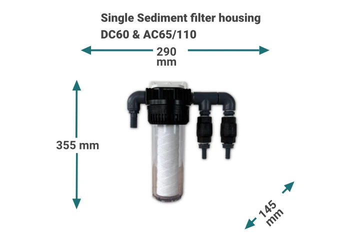 Sediment filter housing dimensions of small modular Watermaker models AC65 and DC60 355x290x145 mm