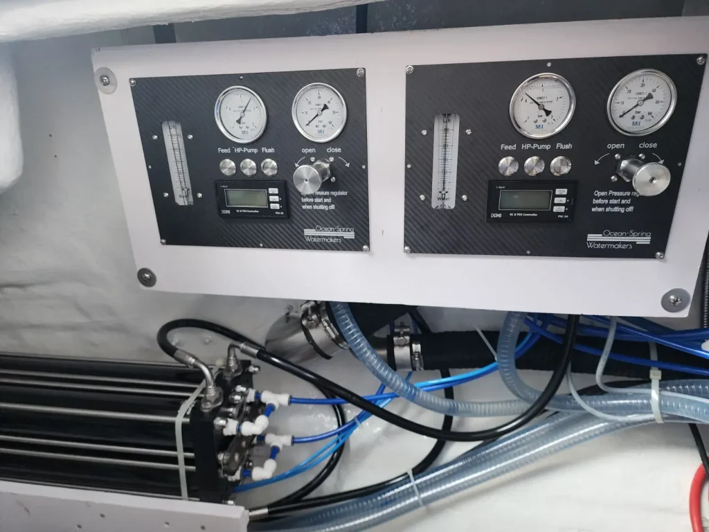 Two control panels next to each other aboard our clients Catamaran having two watermakers now.