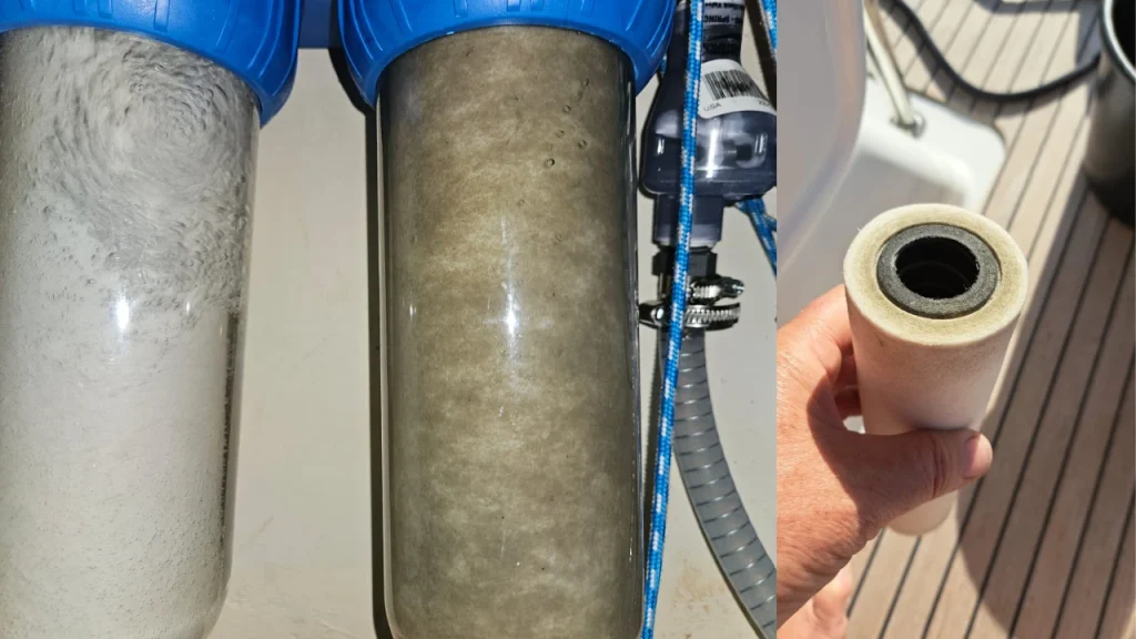 Eine Verschmutzte Filterkerze eines Watermaker. Die Tiefenfiltration wird hier gut sichtbar.