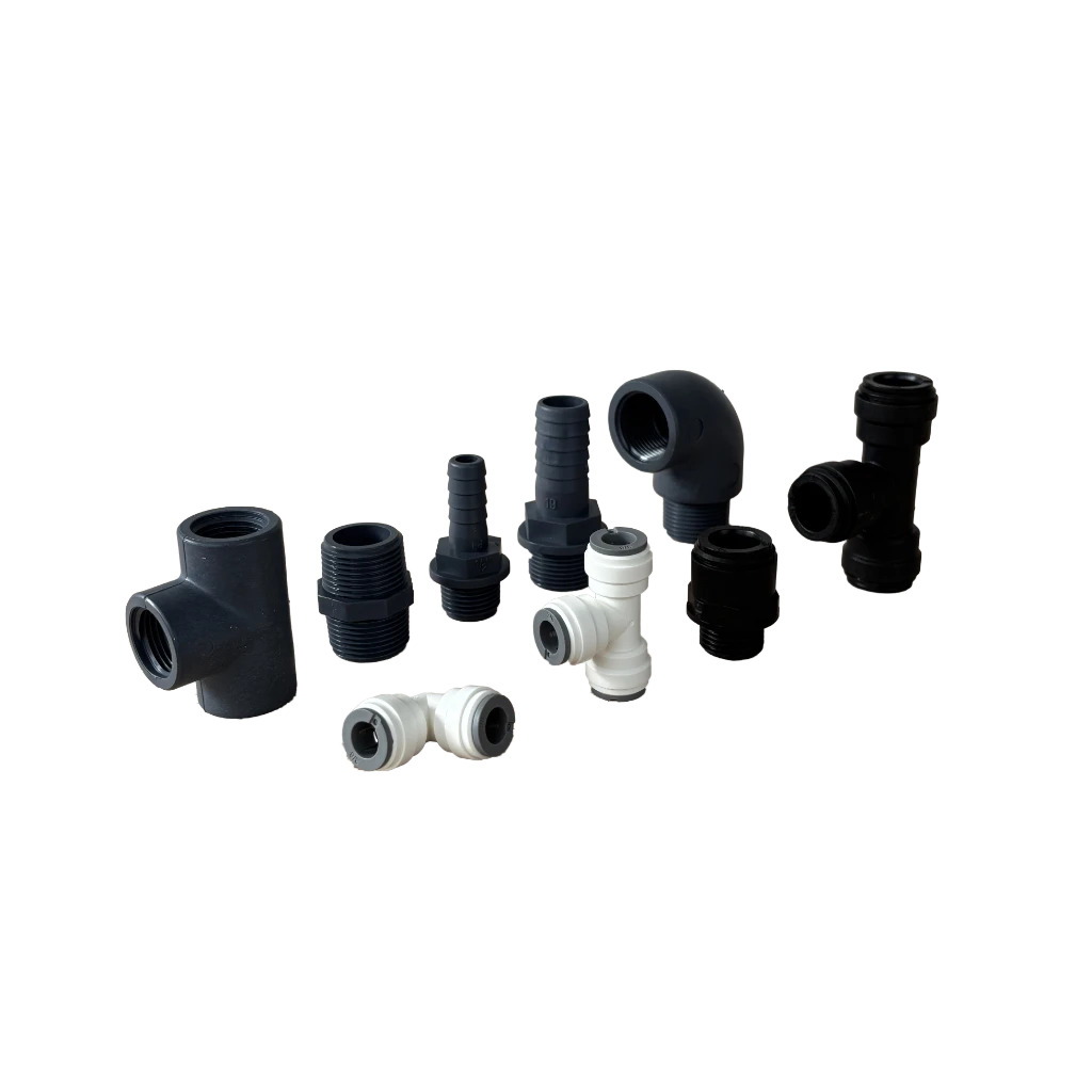 Various threaded and quick connect fittings as they're used in a boats watermaker installation.