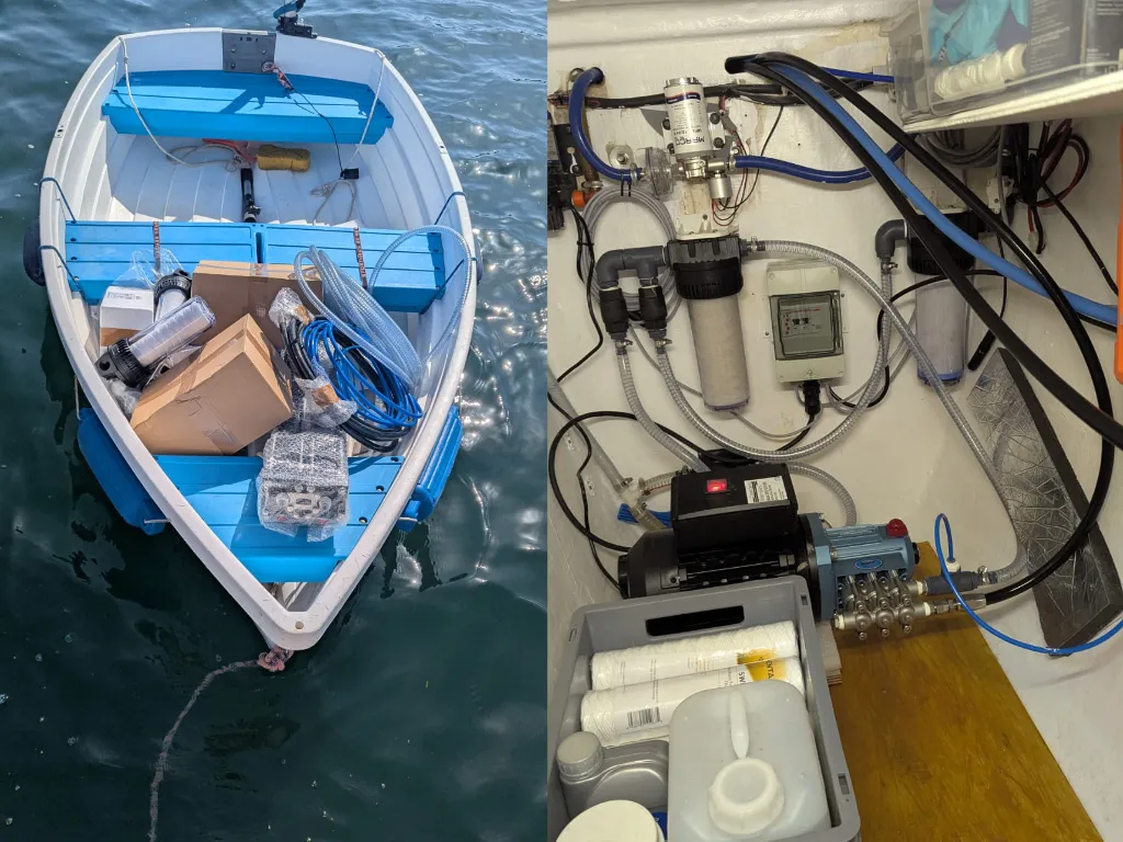 An Ocean-spring modular Watermaker on its final way to the boat (left side) and installed inside a catamaran(right side).