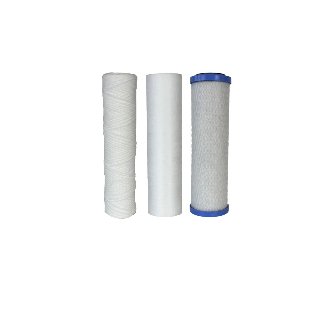 Watermakers filter arrangement of a spin wound filter a melt blown filter and an active carbon filter