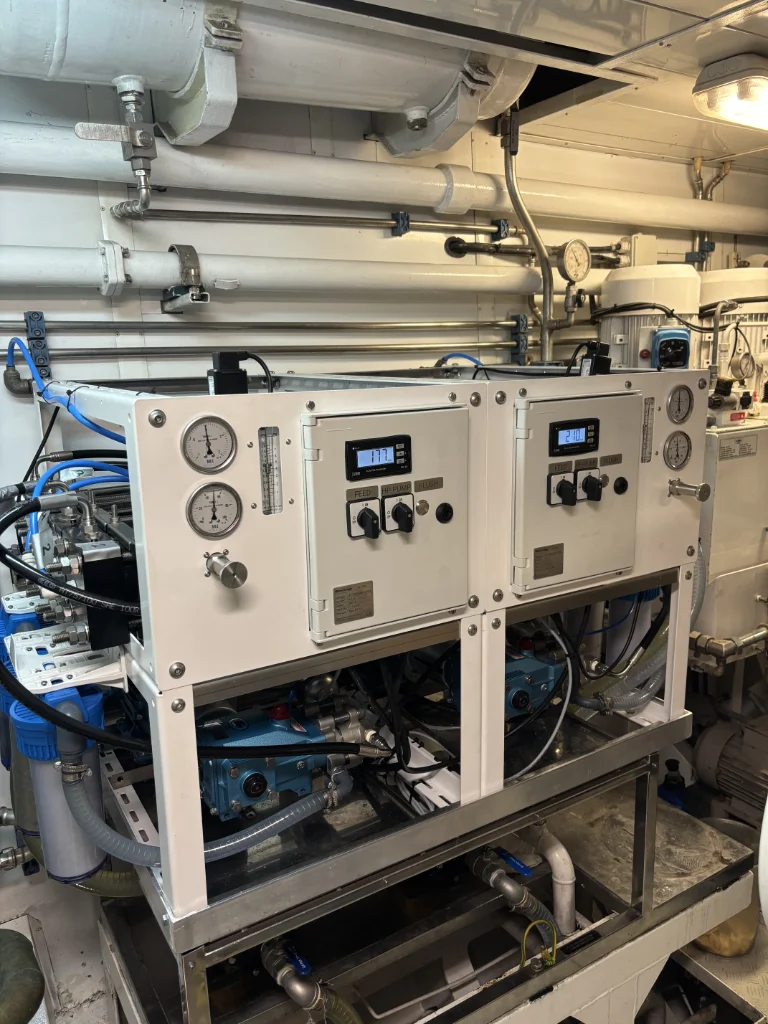 Duplex watermaker in An engine room of a 50m motor yacht.